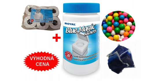 STARTOVACÍ BALÍČEK WC sáčky Blue Magic Aut Sachets PURE FRESH v dóze 20ks+Toaletní papír ROYAL SOFT pro chemické WC, bal. 6ks