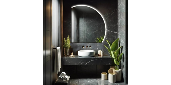 Koupelnové zrcadlo půlkulaté DELHI s LED podsvícením a osvětlením