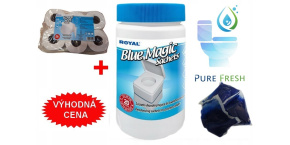 STARTOVACÍ BALÍČEK WC sáčky Blue Magic Aut Sachets PURE FRESH v dóze 20ks+Toaletní papír ROYAL SOFT pro chemické WC, bal. 6ks