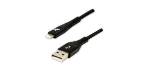 Logo USB kabel (2.0), USB A samec - Apple Lightning samec, 1m, MFi certifikace, 5V/2,4A, černý, box, nylonové opletení, hliníkový 