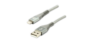 Logo USB kabel (2.0), USB A samec - Apple Lightning samec, 1m, MFi certifikace, 5V/2,4A, stříbrný, box, nylonové opletení, hliníko