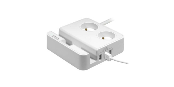 Přepěťová ochrana, 2 zásuvky, bílá, Logo, 3x USB, se stojánkem na tablet,mobil