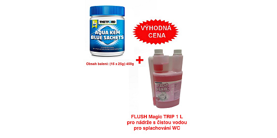 Thetford Aqua Kem Blue Sachets v dóze 15ks  + FLUSH Magic TRIP 1L CENOVĚ VÝHODNÁ SADA